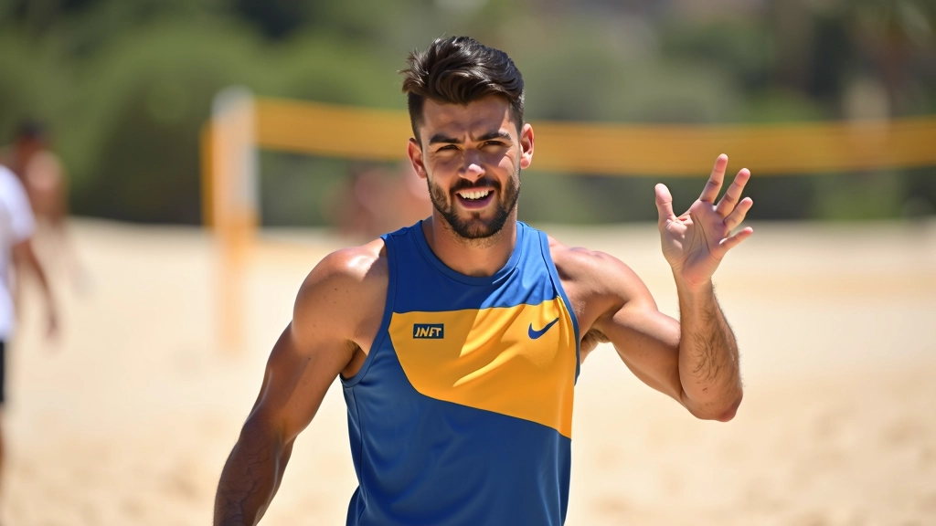 لاعب خبير في كرة الشاطئ يعطي إشارات معقدة لشريكه أثناء المباراة